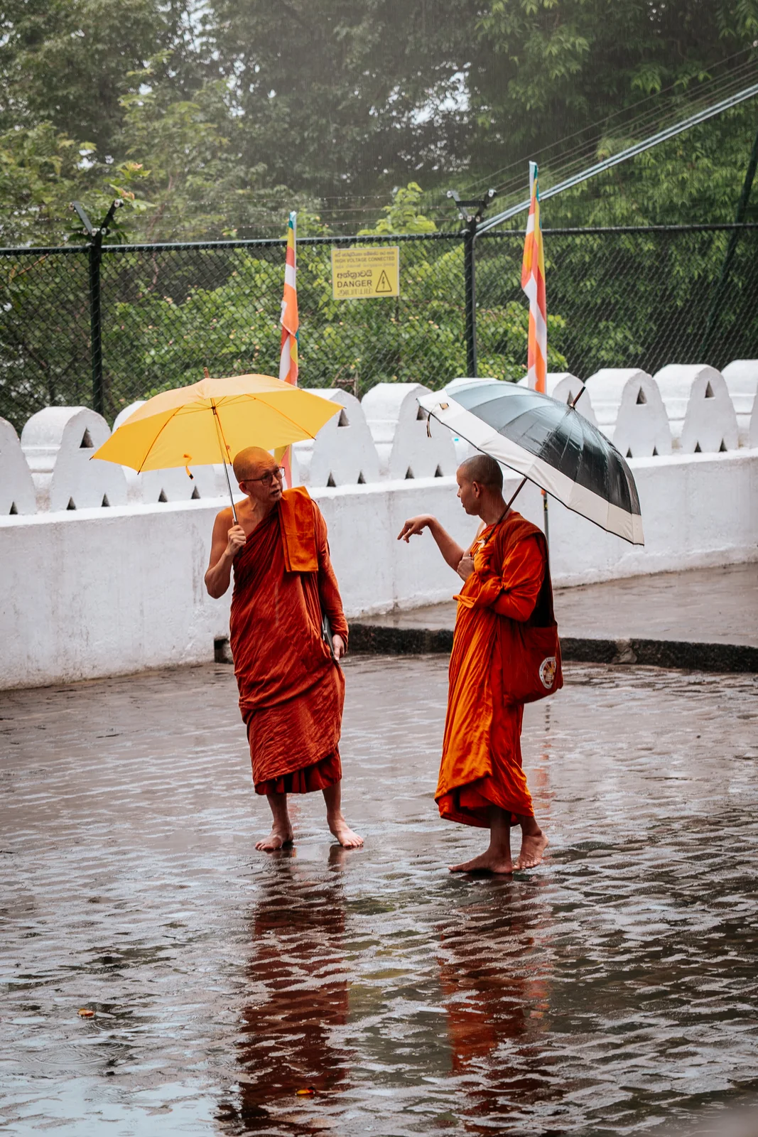 Deux moines en robe orange échangent sous leurs parapluies un jour de pluie.