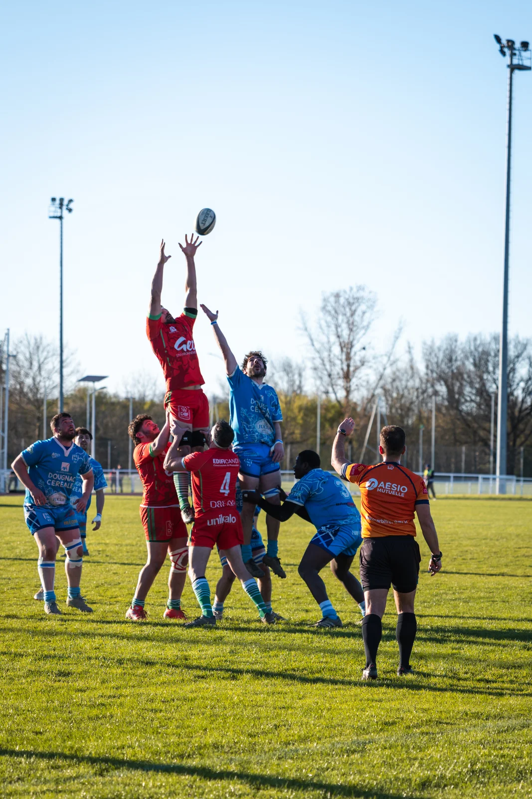 Deux joueurs de rugby s’élèvent pour disputer le ballon lors d’une touche.